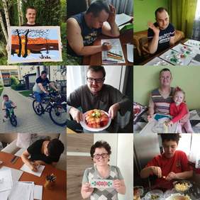 Pokaż zdjęcie: Kolaż zdjęć uczestników WTZ w Gostwicy - na zdjęciach uczestnicy podczas zajęć w domu m.in. gotują, kolorują, prezentują swoje prace plastyczne, ćwiczą