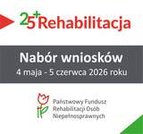 Plakat informacyjny programu Rehabilitacja 25+. Treść plakatu: 25+ Rehabilitacja poniżej tekst nabór wniosków od 4 maja do 5 czerwca 2026 roku, Poniżej logotyp Państwowego Funduszu Rehabilitacji Osób Niepełnosprawnych.