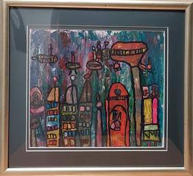 Pokaż zdjęcie: Obraz przedstawia kolorowe budynki, a nad nimi są latające pojazdy.