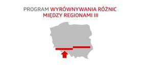 Pokaż zdjęcie: Na konturze mapy Polski widnieją 2 grube czerwone kreski, z których ta po prawej stronie jest umiejscowiona nieco wyżej. Pod mapą polski widoczna jest gruba czerwona strzałka, natomiast nad niniejszym konturem umieszczony został napis: „Program Wyrównywania Różnic Między Regionami III”.