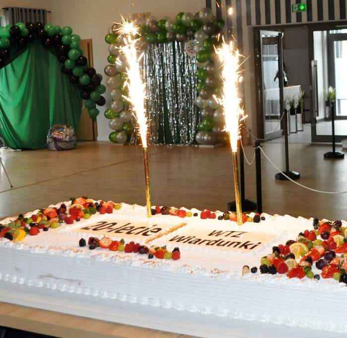 Pokaż zdjęcie: Tort w kolorze białym z napisem: „20-lecie WTZ Wiardunki”. Tort udekorowany jest różnymi owocami. Na torcie ustawione są zapalone zimne ognie.