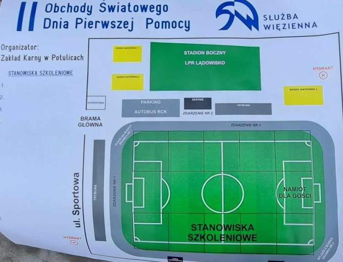 Mapa miejsca wydarzenia - boiska sportowego, u góry napis: II Obchody światowego Dnia Pierwszej Pomocy, obok napis służba wiezienna, a po lewej stronie - organizator Zakład Karny w Potulichach