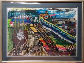 Pokaż zdjęcie: Kolorowy obraz przedstawia kobietę siedzącą na ławce, obok niej są zwierzęta. Z dwóch stron jadą pociągi, a w oddali są ludzie.