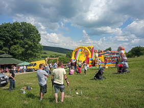 Pokaż zdjęcie: Otwarcie Mini Zoo w Zdyni. Słoneczny dzień, zielona łąka. W oddali widać dmuchańce i uczestników otwarcia