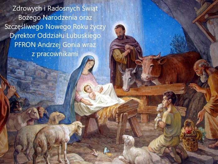 Pokaż zdjęcie: Kartka z życzeniami przedstawiająca Świętą Rodzinę w Stajence z Dzieciątkiem Jezus