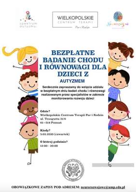Pokaż zdjęcie: Plakat promujący bezpłatne badanie chodu i równowagi u dzieci ze spektrum autyzmu