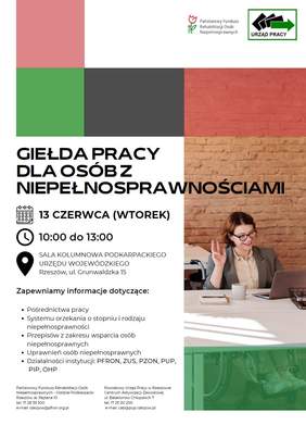 Plakat wydarzenia, zawiera logo PFRON i PUP, informacja o miejscu, terminie, z prawej strony za biurkiem siedzi kobieta na wózku inwalidzkim, przed nią laptop, kubek, notes. Podnosi rękę, uśmiecha się