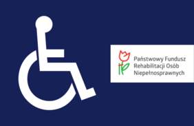 Symbol osoby niepełnosprawnanej na wózku inwalidzkim i logo PFRON