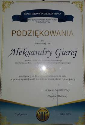 Pokaż zdjęcie: Podziękowania dla Pani Aleksandry Gierej Dyrektor Oddziału Kujawsko-Pomorskiego PFRON