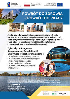 Pokaż zdjęcie: Plakat informacyjny Programu Kompleksowej Rehabilitacji z opisem programu i danymi kontaktowymi