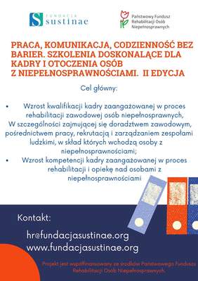 Pokaż zdjęcie: Plakat informacyjny projektu. Plakat zawiera tytuł oraz cel projektu oraz logotypy PFRON i Sustinae