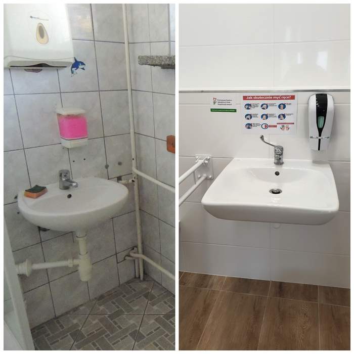 Pokaż zdjęcie: Dwa zdjęcia łazienki, na których widoczna jest umywalka. Na pierwszym łazienka przed remontem, na drugim nowoczesna po remoncie. Widać kontrast i wielką zmianę na lepsze. 