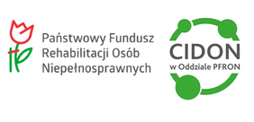 Pokaż zdjęcie: Na grafice zamieszczony jest tekst: Państwowy Fundusz Rehabilitacji Osób Niepełnosprawnych, CIDON w Oddziale PFRON. Po lewej stronie jest logo PFRON. 