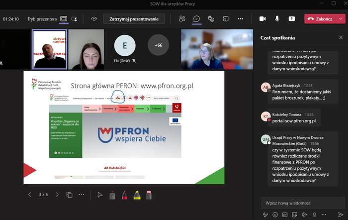 Okno aplikacji Teams w którym widać online miniaturki twarzy uczestników spotkania, po środku prezentowane są materiały szkoleniowe a po prawej stronie teksty z czatu spotkania.