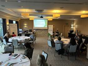 Pokaż zdjęcie: Sala konferencyjna. Z przodu po lewej stronie stoi baner z napisem CIDON obok wisi ekran do rzutnika z prezentacją. Po między nimi stolik z urządzeniami elektronicznymi. Po prawej stronie baner z logo PFRON. Obok niego biurko przy którym siedzi ubrana