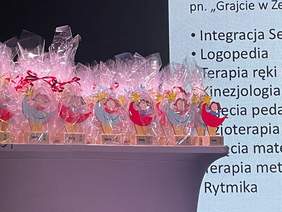 Pokaż zdjęcie: Na stole po lewej stronie znajdują się drewniane, stylizowane na postać dziewczynki jubileuszowe statuetki, a po prawej ekran z prezentacją na temat 20-lecia koła