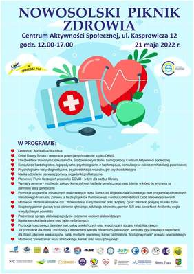 Pokaż zdjęcie: Grafika promująca Piknik Zdrowia wypełniona treścią programu spotkania, w kolorze jasnoniebieskim