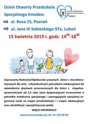 Pokaż zdjęcie: Plakat promujący Dzień Otwarty w Przedszkolach Specjalnych Emedea w Poznaniu oraz w Luboniu