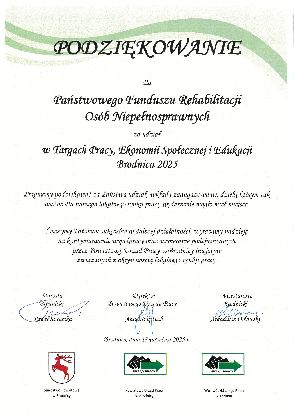 Podziękowanie dla PFRON za udział w targach pracy, napis na zielonym tle