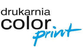 logo drukarni: drukarnia color print - zapisane w trzech wierszach, w kolorach czarnym i niebieskim