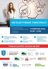 Plakat zapowiada VIII Olsztyńskie Targi Pracy, które odbędą się 17 kwietnia w godzinach 10:00–13:00 w Zespole Szkół Budowlanych w Olsztynie. Na grafice widoczna jest uśmiechnięta kobieta pokazująca znak zwycięstwa oraz ikony związane z pracą i karierą.
