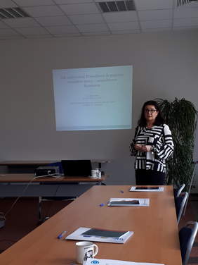 Pokaż zdjęcie: Prelegentka podczas wykładu, w tle widoczny jest slajd prezentacji o BHP