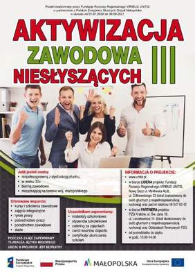 Pokaż zdjęcie: Plakat promujący projekt "Aktywizacja zawodowa niesłyszących III". Źródło: unitis.pl