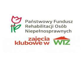 Pokaż zdjęcie: na zdjęciu logo PFRON w kolorze zielono czerwonym oraz napis  Zajęcia klubowe w WTZ
