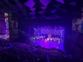 Pokaż zdjęcie: Zdjęcie zrobione z końca sali. W teatrze siedzi bardzo dużo gości. Wszyscy Patrzą na scenę gdzie tańczą ludzie trzymający ręce ku górze. Oświetlenie wieczorowe w odcieniach koloru niebieskiego.