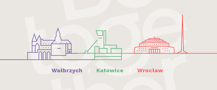 Pokaż zdjęcie: na jasnoszarym tle duży biały skośny napis Be together i nazwy trzech miast Wałbrzych Katowice Wrocław nad nimi graficzne rysunki charakterystycznych dla nich obiektów