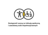 Piktogramy i tekst na białym tle. W centralnej części szaro, żółte logo w formie nachodzących na siebie piktogramów. Pod piktogramami tekst: Dostępność szansą na inkluzję społeczną i zawodową osób niepełnosprawnych.