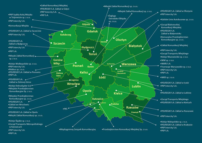 Mapa polski w podziale na województwa. pokazuje miasta, w których wymienieni przewoźnicy i organizatorzy transportu zbiorowego przeszkolili swoich pracowników