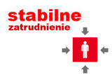 Czerwony napis „stabilne zatrudnienie” na jasnym tle, po prawej czerwony kwadrat z białą sylwetką człowieka i czarnymi strzałkami skierowanymi w jego stronę