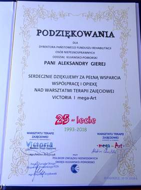 Podziękowania dla Dyrktora Kujawsko-Pomorskigo Oddziału PFRON - Aleksandy Gierej