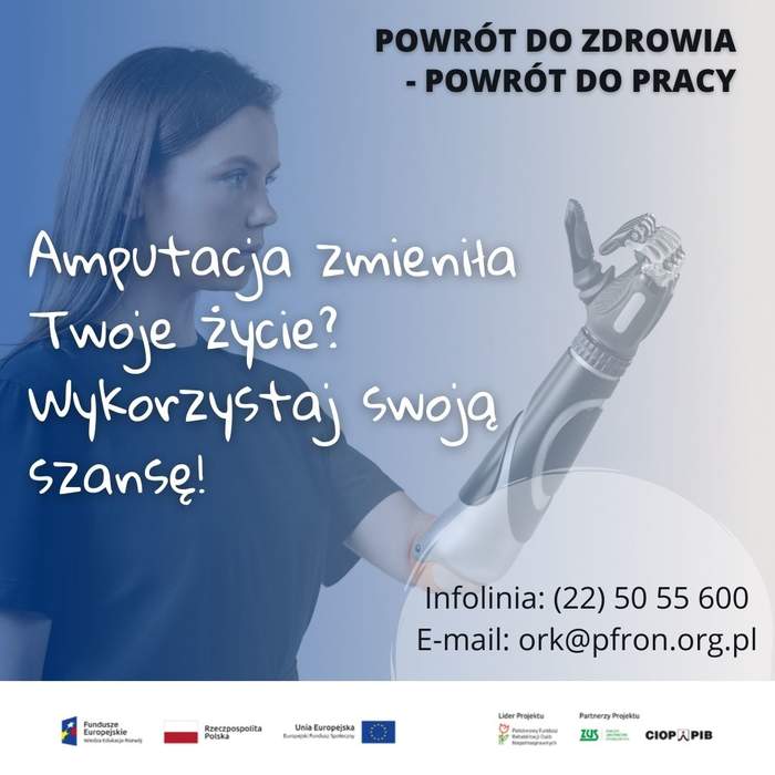 Pokaż zdjęcie: Grafika promująca projekt "Kompleksowa Rehabilitacja" wypełniona treścią z białymi napisami, z kobietą w tle, w kolorze niebieskim