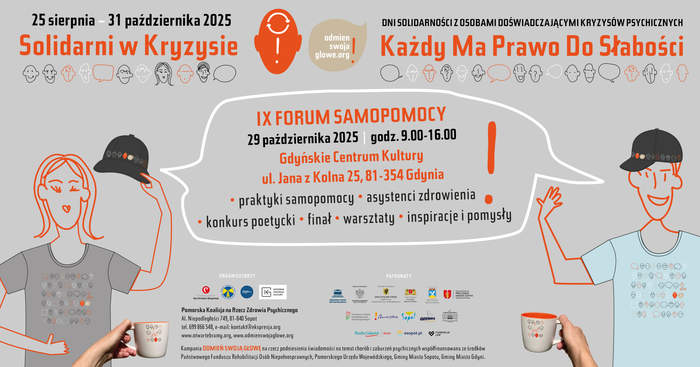Pokaż zdjęcie: Plakat wydarzenia „Solidarni w Kryzysie” 25.08–31.10.2025; IX Forum Samopomocy 29.10.2025 w Gdyńskim Centrum Kultury; informacje o samopomocy, asystentach zdrowienia, konkursie poetyckim i warsztatach.
