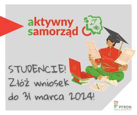 Pokaż zdjęcie: Student siedzi na podłodze. Dookoła niego leżą książki i laptop. Obok postaci napis: Studencie! Złóż wniosek do 31 marca 2024!