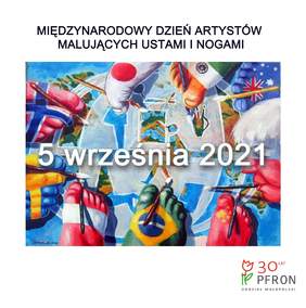 Pokaż zdjęcie: Międzynarodowy Dzień Osób Malujących Ustami i Nogami. Grafika - obraz namalowany przez Stanisława Kmiecika, przedstawiający osoby malujące ustami i nogami