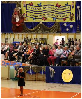 Pokaż zdjęcie: Trzy zdjęcia z XXI Międzyszkolnego Integracyjnego Festiwalu Piosenki i Tańca w Szkole Podstawowej nr 50 w Białymstoku. Na pierwszym planie kobieta przemawia do mikrofonu na tle kolorowego baneru festiwalu z motylami i hasłem „Śpiewajmy razem, tańczmy razem”. Drugie zdjęcie przedstawia publiczność – gości, nauczycieli i uczniów – siedzących na trybunach i bijących brawo. Na trzecim zdjęciu kobieta w czarnej sukience mówi do mikrofonu na środku sali gimnastycznej, udekorowanej materiałami i kwiatami. W rogu widoczna żółta uśmiechnięta emotka.