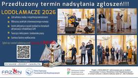 Grafika promująca konkurs Lodołamacze 2026 z informacją o przedłużeniu naboru do 31 lipca 2026 r. Obok zdjęcia z gali, statuetka konkursowa i kod QR do zgłoszeń.