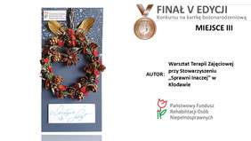 Pokaż zdjęcie: Kartka bożonarodzeniowa z Warsztatu Terapii Zajęciowej w Kłodawie przy Stowarzyszeniu „Sprawni Inaczej”, która zdobyła III miejsce w V edycji Konkursu Oddziału Wielkopolskiego PFRON