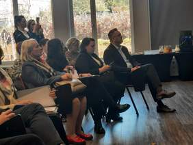 Pokaż zdjęcie: Na krzesłach w rzędzie siedzą ludzie. Za nimi stoją dwie kobiety i robią zdjęcia telefonami komorkowymi. Wszyscy patrzą przed siebie i słuchają wykładu. 