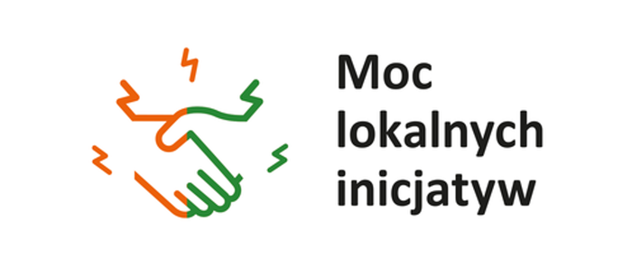 Dwie dłonie, pomarańczowa i zielona, napis Moc lokalnych inicjatyw