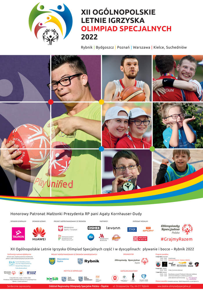 Pokaż zdjęcie: Plakat. Na górze po prawej stronie napis 12 ogólnopolskie letnie igrzyska olimpiad specjalnych, po lewej stronie logo wydarzenia. Poniżej miniaturowe zdjęcia zawodników igrzysk