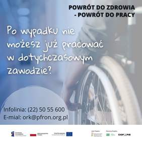 Pokaż zdjęcie: Grafika promują projekt "Kompleksowa Rehabilitacja" w kolorze niebieskim, w tle osoba na wózku inwalidzkim, wypełniona treściami dotyczącymi projektu