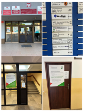 Pokaż zdjęcie: Kolaż zdjęć pokazujący jak trafić do CIDON, zdjęcie wejścia, oznaczenia na tablicy informacyjnej, klatki schodowej i drzwi.