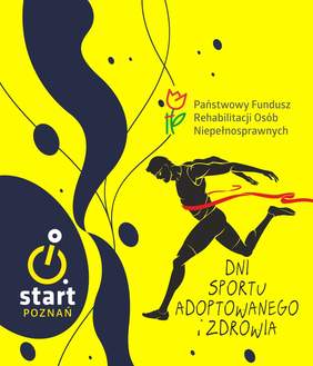 Pokaż zdjęcie: Na żółtym tle z czarnymi akcentami w formie smug oraz owalnych kształtów widnieje logo zarówno PFRON, jak i Stowarzyszenia Sportowo-Rehabilitacyjnego „Start” z Poznania. Pod logo PFRON umieszczona została wysportowanego mężczyzny przecinającego czerwoną wstęgę, natomiast jeszcze niżej można dostrzec następujące sformułowanie: „Dni Sportu Adaptowanego i Zdrowia”.
