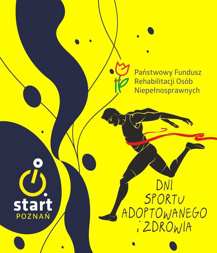 Pokaż zdjęcie: Na żółtym tle z czarnymi akcentami w formie smug oraz owalnych kształtów widnieje logo zarówno PFRON, jak i Stowarzyszenia Sportowo-Rehabilitacyjnego „Start” z Poznania. Pod logo PFRON umieszczona została wysportowanego mężczyzny przecinającego czerwoną wstęgę, natomiast jeszcze niżej można dostrzec następujące sformułowanie: „Dni Sportu Adaptowanego i Zdrowia”.
