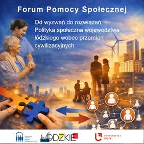 Pokaż zdjęcie: Zdjęcie jest infografiką wydarzenia: Forum Pomocy Społecznej „Od wyzwań do rozwiązań. Polityka społeczna województwa łódzkiego wobec przemian cywilizacyjnych”. Na ilustracjach są osoby, które sobie pomagają. 