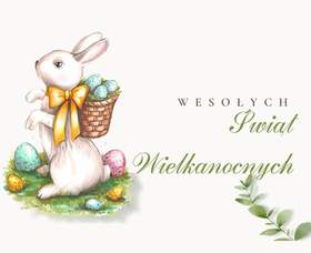 biała kartka przestawia jasno-kremowego królika na trawie z żółtą kokardą na szyi w otoczeniu 5 pisanek w kolorach: zieleni, różu i żółci; z prawej strony kartki widnieje napis: „Wesołych Świąt Wielkanocnych”